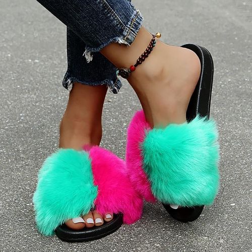 Pantoufles En Fourrure Pour Femmes, Claquettes De Couleur Pour La Maison, Chaussures En Peluche, Chaudes Pour L'hiver,