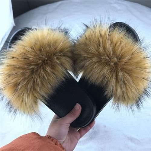Pantoufles En Fourrure Pour Femmes, Claquettes De Couleur Pour La Maison, Chaussures En Peluche, Chaudes Pour L'hiver,