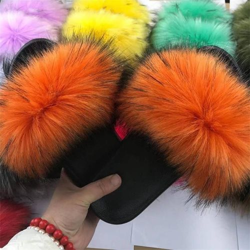 Pantoufles En Fourrure Pour Femmes, Claquettes De Couleur Pour La Maison, Chaussures En Peluche, Chaudes Pour L'hiver,