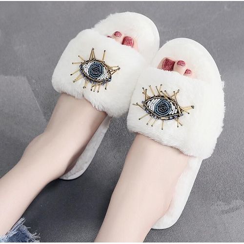 Pantoufles En Fourrure Pour Femmes, Décoration De Grands Yeux, Pantoufles D'hiver Pour La Maison, En Coton, Strass, Tongs En Peluche, Chaussures Pour Femmes, S655