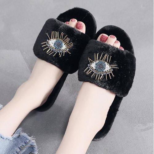 Pantoufles En Fourrure Pour Femmes, Décoration De Grands Yeux, Pantoufles D'hiver Pour La Maison, En Coton, Strass, Tongs En Peluche, Chaussures Pour Femmes, S655
