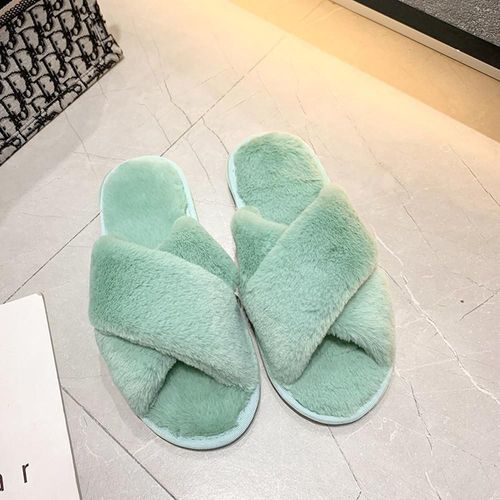 Pantoufles D'intérieur En Fausse Fourrure Pour Femmes, Chaussures Plates, Chaudes, Multicolores, En Peluche Croisée, Bout Ouvert, Wj082