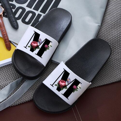 Pantoufles Pour Femmes Avec Lettres Imprimées, Sandales De Plage Plates Antidérapantes, Tongs D'intérieur Pour Salle De Bain