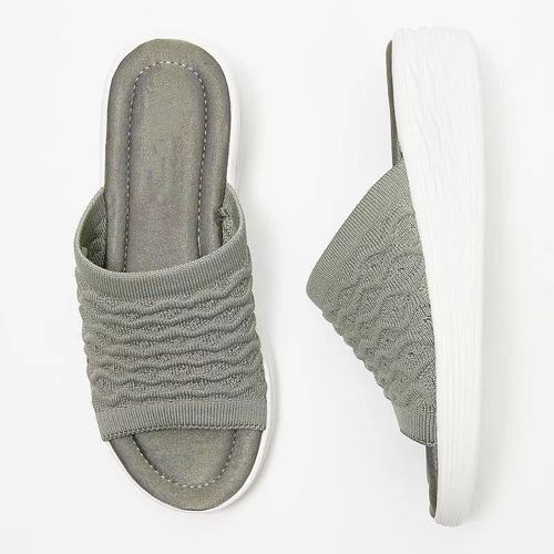 Pantoufles Décontractées En Maille Bout Ouvert Pour Femmes, Semelle Compensée Enfiler, Couleur Unie, Souples Pour Dames