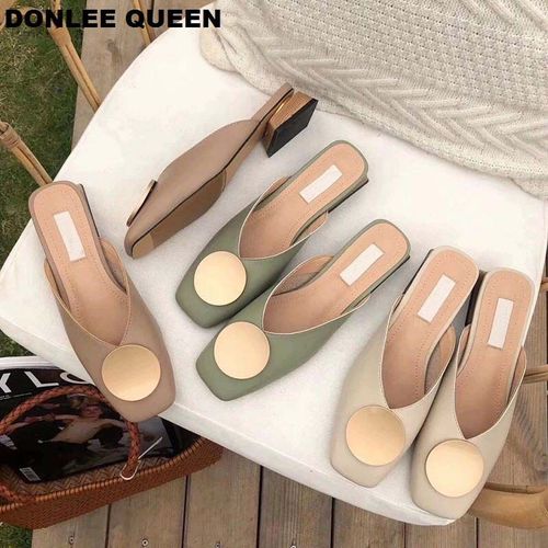 Pantoufles De Styliste Pour Femmes, Mules Enfiler, Chaussures Décontractées Talons Plats, Diapositives De Boucle Britannique, Chaussures Talons Bloc En Bois,
