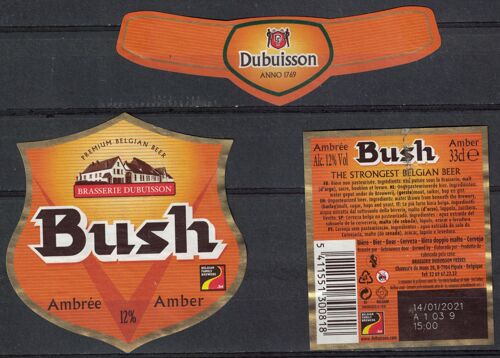 Belgique Lot 3 Étiquettes Bière Beer Labels Bush Ambrée Brasserie Dubuisson
