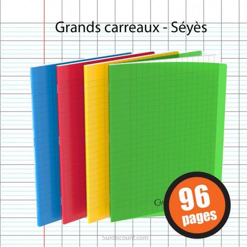 Lot De 4 Cahiers - 24x32(Cm) - Grands Carreaux - 96 Pages - Couverture En Polypro Bleu,Jaune,Rouge,Vert - Sans Spirale - Hamelin