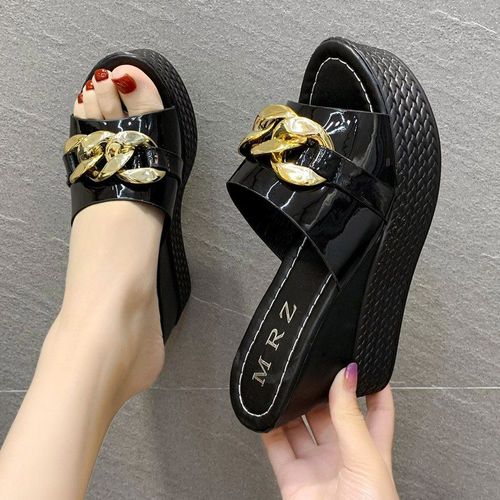 Pantoufles Brodées Talons Compensés Pour Femmes, Chaussures D'extérieur Bout Ouvert, Pantoufles Plateforme, Diapositives De 8.5cm