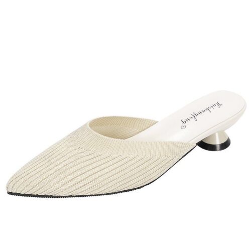 Pantoufles Talons Mi-hauts Pointus Pour Femmes, Chaussures Sexy, Sandales Tricotées En Maillelastique, Mules Respirantes, Chaussures Diapositives Peu Profondes