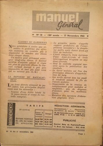 Manuel Général Hebdomadaire 130e Année N°10 Du 17 Novembre 1962