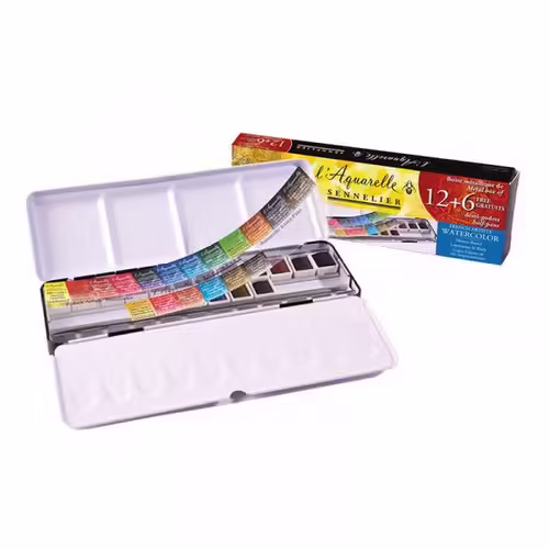 Boîte Métal L'aquarelle Sennelier Extra-Fine 12 + 6 Demi-Godets Offerts