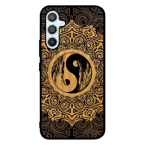 Coque bois silicone A54 Yin et Yang harmonie mandala ying rosace artistique mobile plume noir et blanc oriental Noir Samsung galaxy