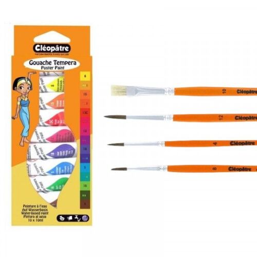 Lot De 10 Tubes De Gouache Tempera Cléopâtre + 4 Pinceaux Assorties