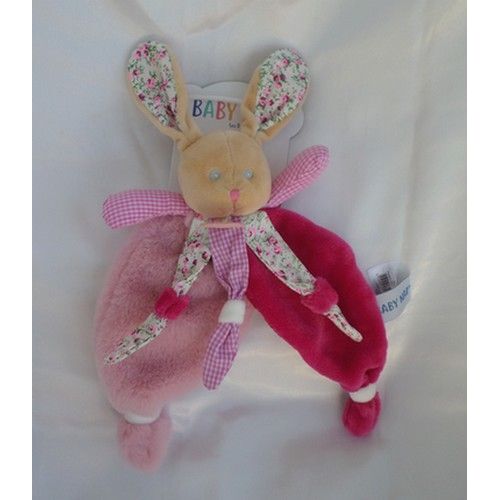 Doudou Peluche Lapin Beige Poupi Rose Framboise Fleurs Vichy Babynat