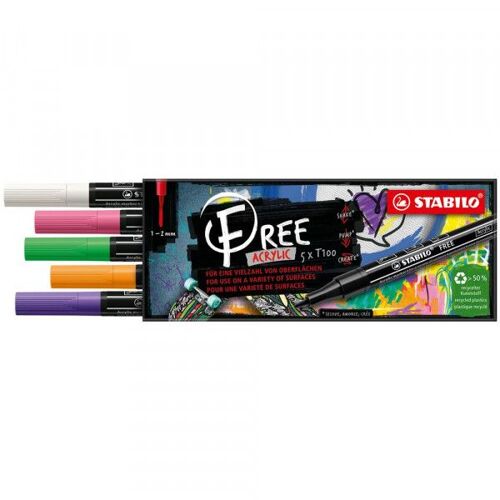 Etui Carton De 5 Marqueurs Stabilo Free Acrylic T100 - Pointe Fine - Set Spring