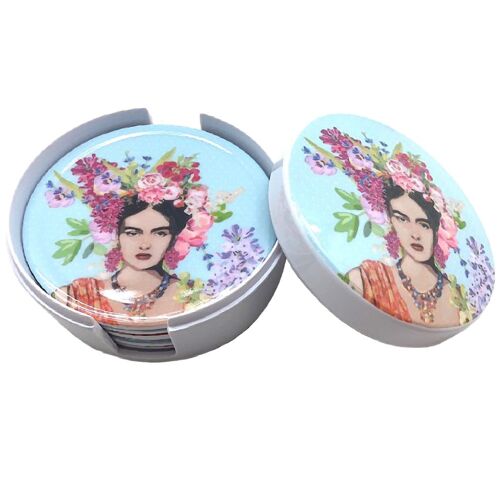 Boite Bleue Contenant 6 Sous-Verres Frida Khalo