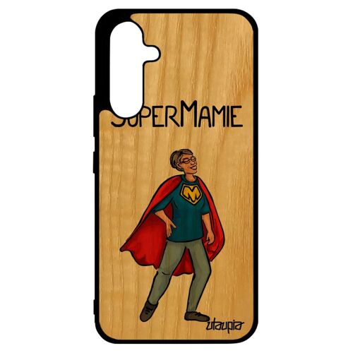 Coque Samsung A34 bois silicone super mamie mamy humour heros rouge grand mere telephone humoristique motif texte comics galaxy