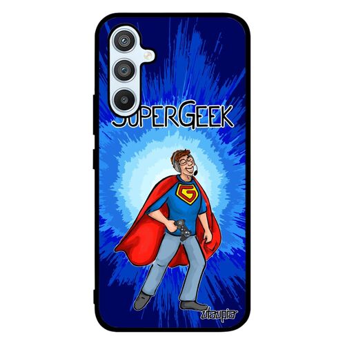 Coque silicone antichoc A54 super geek jeux video bleu mobile play souple texte case heros gamer humour drole comics Samsung galaxy
