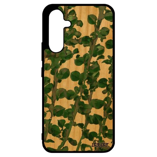 Coque motif feuilles pour Galaxy A34 bois naturel silicone artisanat floral bumper housse fleurs nature design texture vert Samsung