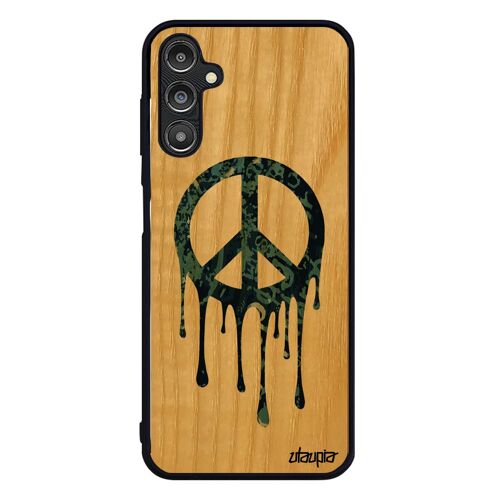Coque Peace And Love Samsung A14 4g 5g Bois Veritable Silicone Gris Symbole Telephone Rasta Noir Peinture Pas Cher Hippie Tpu Galaxy