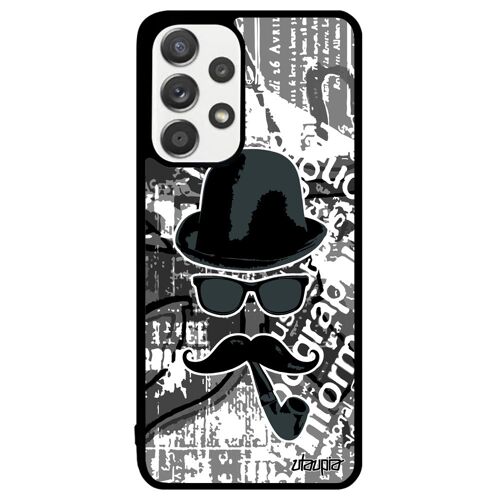 Coque Samsung Galaxy A33 silicone moustache housse peinture monsieur homme rigide tag pipe chapeau melon noir et blanc telephone de