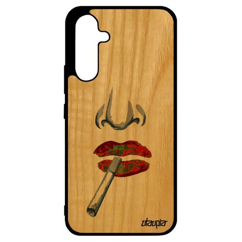 Coque Fumeur Pour Galaxy A34 En Bois Silicone Bouche Original Art Orange Noir Femme Unique Personnalisé Smack De Protection Samsung