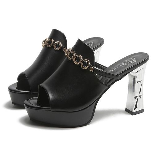 Mules Sexy En Cuir Talons Hauts Pour Femme, Sabots Noirs Plateforme Et Bout Ouvert, Sandales Emal Enfiler