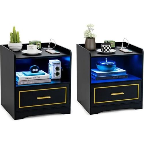 COSTWAY Lot de 2 Table de Chevet LED avec 1 TYPE-C + 1 USB, 3 Couleurs de Lumière, Capteur Intelligent, 45 x 40 x 50 cm, Noir