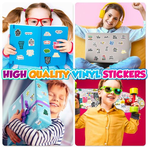 50pcs 4CM Texte motivant de dessins animés mixtes autocollants en vinyle pour bouteilles d'eau gobelet bagages planche à roulettes pare-chocs scrapbook tasse, autocollant cadeau pour enfants adolescen