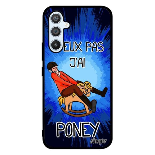 Coque silicone A54 j'peux pas j'ai poney unique portable texte smartphone equitation Bleu cheval case comique drole Samsung galaxy