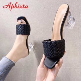 Mules Pour Femmes, Pantoufles Design, Diapositives De Sandales, Cordon Tressé, Talons Transparents De 7cm, Chaussures Pour Femmes,