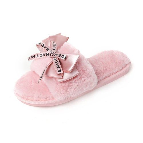 Mignons Chaussons En Peluche Type Mules Pour Femmes, Pantoufles Plates Et Chaudes Avec Fausse Fourrure Et N¿ud Papillon, Disponible En Grande Taille 41