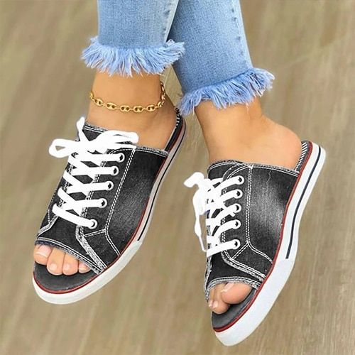 Femmes Toile Pantoufle Plat Femme Lacets Dames Peep Toe Nouvelles Femmes Casual Femme Mode Denim Grande