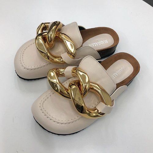 Mules Bout Fermé Pour Femmes, Nouveau Design De Marque De Chaîne En Métal Doré, Chaussures Bout Rond Et Talons Bas, Tongs Décontractées
