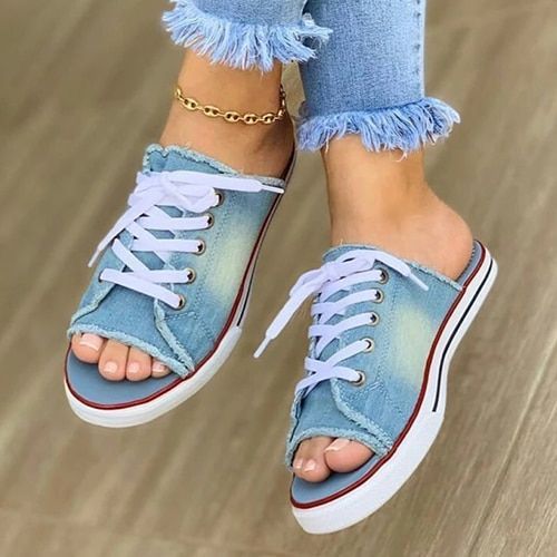 Femmes Toile Pantoufle Plat Femme Lacets Dames Peep Toe Nouvelles Femmes Casual Femme Mode Denim Grande