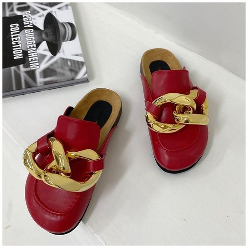 Mules Bout Fermé Pour Femmes, Nouveau Design De Marque De Chaîne En Métal Doré, Chaussures Bout Rond Et Talons Bas, Tongs Décontractées