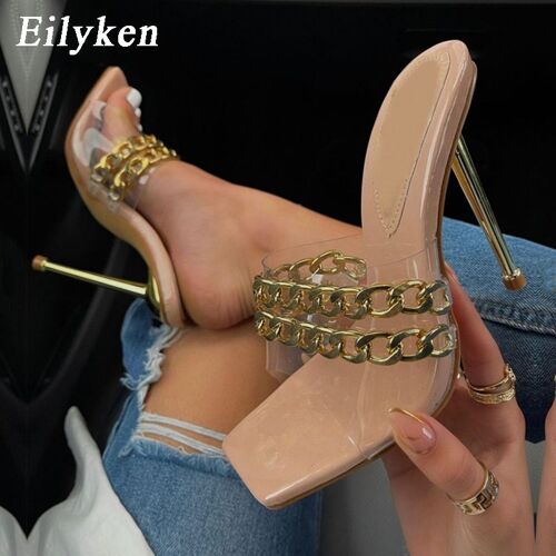 Escarpins D'été, Chaussons Avec Chaîne, Sandales, Pour Femme/Dame, Chaussures À Enfiler, Talons Hauts Fins, Bouts Carrés, Mules - 35