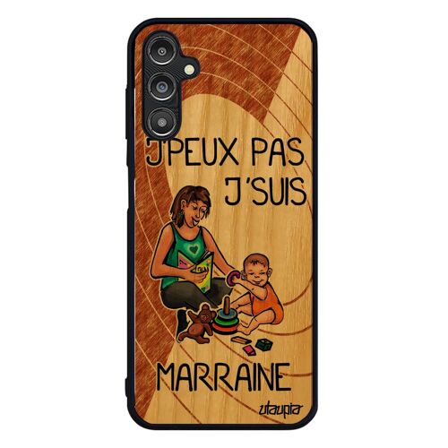Coque A14 4G 5G bois silicone humour j'peux pas j'suis marraine texte je humoristique marron antichoc smartphone bd Samsung galaxy