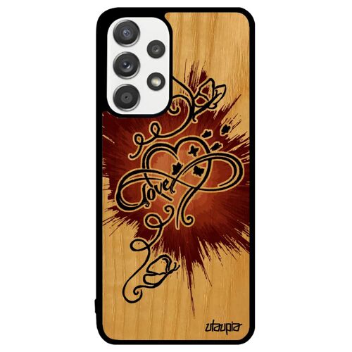 Coque silicone A33 en bois infini love Marron coeur souple femme papillon case telephone dessin cover noir sans fin Samsung galaxy