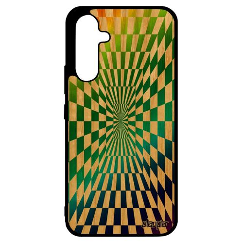 Coque illusion d'optique pour Samsung A34 en bois silicone carre multicolore effet carreaux portable magique gay pride vert galaxy