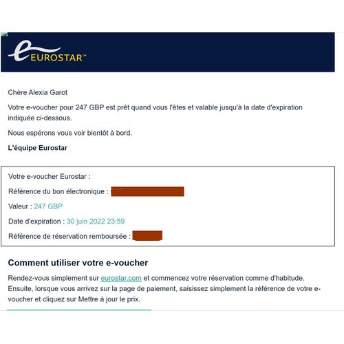 E-Voucher Eurostar De 295 Euros ( 247 Livres Sterling)