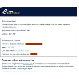 E-Voucher Eurostar De 295 Euros ( 247 Livres Sterling)