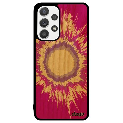 Coque explosion pour A33 en bois veritable silicone rose soleil tendance fond jolie etui univers motif made in France Samsung galaxy