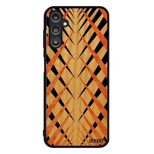 Coque Samsung A14 4G 5G bois silicone design carreau housse mobile losange unique geometrique tartan portable orange texture galaxy