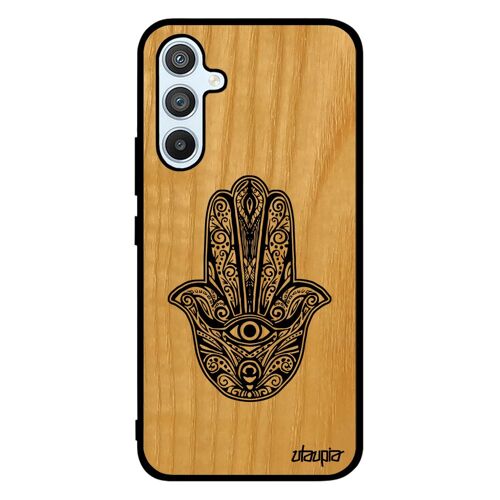 Coque en bois main de fatma Samsung A54 silicone noir fatima khamsa de luxe housse telephone berbere cover case tatouage galaxy