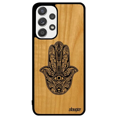 Coque Pour Samsung A33 En Bois Et Silicone Main De Fatma Khamsa Bumper Case Telephone Tatouage 4g Etui Fatima Berbere De Luxe Galaxy