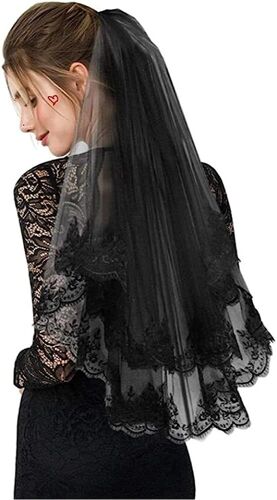 Voile Mariée Noir Halloween Double Couche Voile de Mariage avec Peigne Cheveux Accessoires de Mariage Décoratifs Nuptiale Coiffure Élégant Tulle Dentelle Cosplay Déguisement Fête
