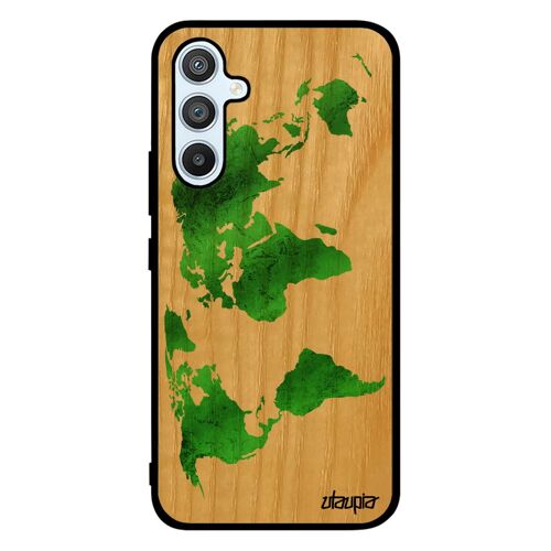 Coque A54 En Bois Silicone Carte Monde Terre Pays Motif Globe Fait Main Geographie Planete Noir Vert Atlas Effet De Samsung Galaxy