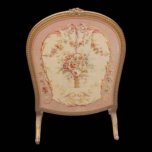 cran de chemine en bois dor et tapisserie daposAubusson XIXme sicle multicolore