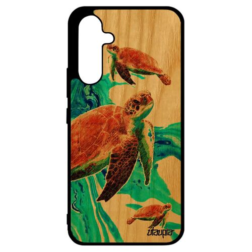 Coque Samsung A34 Vrai Bois Silicone Tortue De Mer Portable Rigide Marin Animal Luth Texture Etui Design Animaux Vert Ocean Galaxy